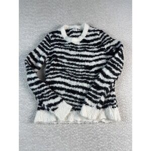 J.Crew‎ Sweater Womens Small Black White Zebra Stripe Fuzzy Alpaca Wool Crewneck